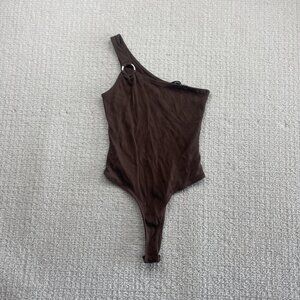 Y2K Ambiance Asymmetrical One Shoulder Bodysuit Mocka Brown Sz M Festival Summer